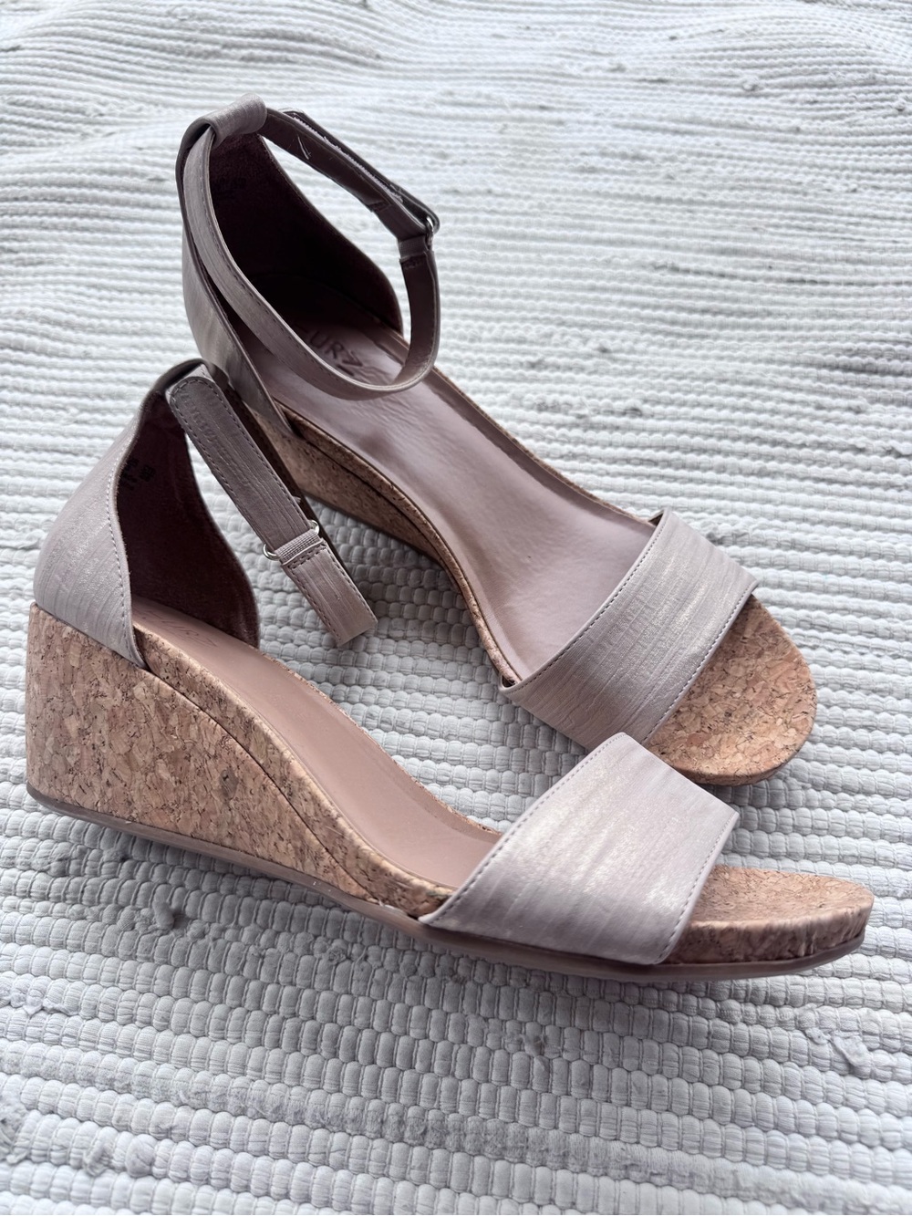 Naturalizer Areda Cork Wedge Sandals Taupe Linen Texture Sz 12